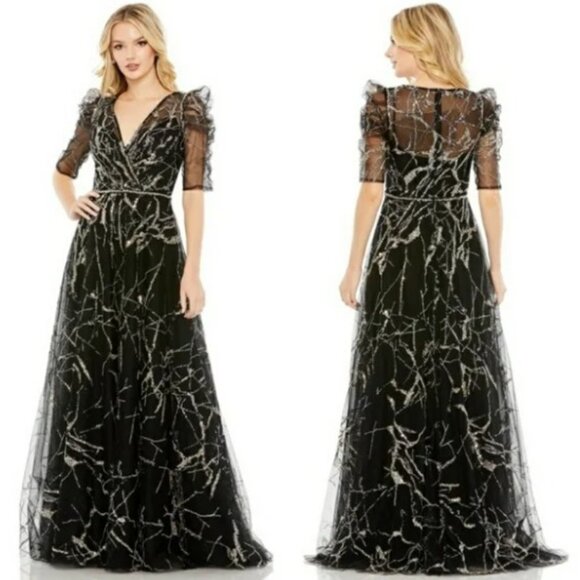 Mac Duggal NWT Black Gold Sequin Puff Sleeve Maxi Gown Dress Size 8 #204… - Picture 1 of 10
